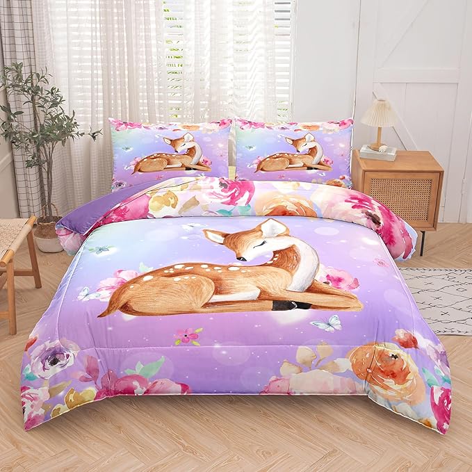 NINENINE Cute Deer Bedding for Girls Kawaii Deer Comforter Sets for Girls,Pink Deer Bedding Twin Bedding Set for Kids Girls,Watercolor Wildlife Comforter with 1 Comforter 1 Pillowcase… - LeafyLoom