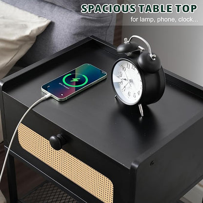 Night Stand, Side Table with Rattan Drawer, Nightstand with Charging Station, Industrial Bedside Table with 3-Tier Storage, Black JET003CB1 - LeafyLoom