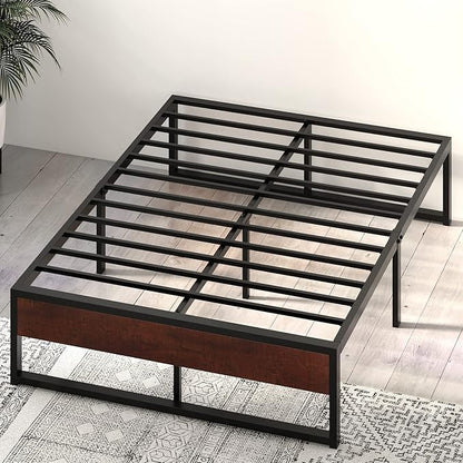 SHA CERLIN 14'' Full Size Metal Platform Bed Frame with Rustic Wood & Reverse Holes/Ample Under-Bed Storage Space/Mattress Foundation/No Box Spring Needed/Easy Assembly - LeafyLoom