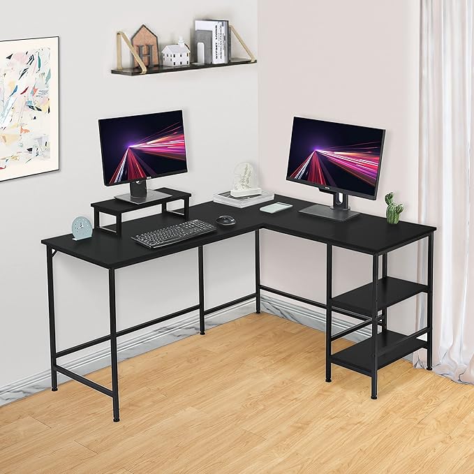 L-Shaped Desk,Corner Computer Desk with Storage Shelves,Large Gaming Desk PC Laptop Writing Workstation with Monitor Stand for Home Office Black - LeafyLoom