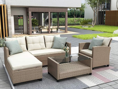 4 Piece Outdoor Patio Furniture Set, Sectional Conversation All-Weather Grey PE Wicker w/Seat Cushions for Backyard Porch Garden Poolside Balcony, Onesize, Ob-Beige - LeafyLoom