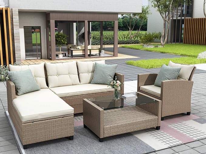 4 Piece Outdoor Patio Furniture Sets Wicker Rattan Conversation Sofa with Glass Table, Chaise Lounge and Chair for Garden Backyard, Onesize, Beige - LeafyLoom