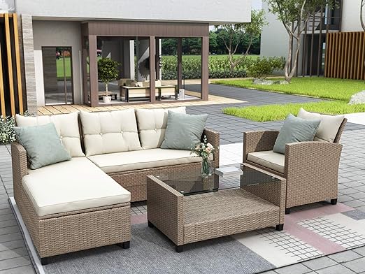 4PCS Patio Furniture Set, Outdoor Wicker Conversation Sectional L-Shaped Sofa with 4 Seater Thickness Coffee Table, for Backyard, Porch, Onesize, E-Beige Cushion+Brown Rattan - LeafyLoom