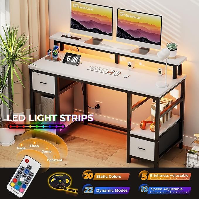 GreenForest Computer Desk with 2 Drawers and Power Outlets,50 Inch Office Desk with 2 Monitor Stands and Fabric File Cabinet, Reversible Gaming table with Led Lights and Shelves, Work Desk, White - LeafyLoom