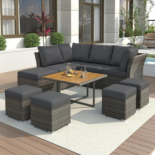 9-Pieces Outdoor Rattan Sectional Sofa Set, Wicker Patio Conversation Furniture with L-shape Couch&Storage Ottomans, Acacia Wood Coffee Table, for Garden Yard, Grey Wicker&Grey Cushion - LeafyLoom