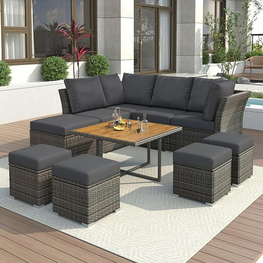 9 Piece Patio Furniture Set with Solid Wood Coffee Table and Ottomans, Rattan Modular Outdoor Sectional Conversation Sofa, for Garden Backyard, Onesize, Gray - LeafyLoom