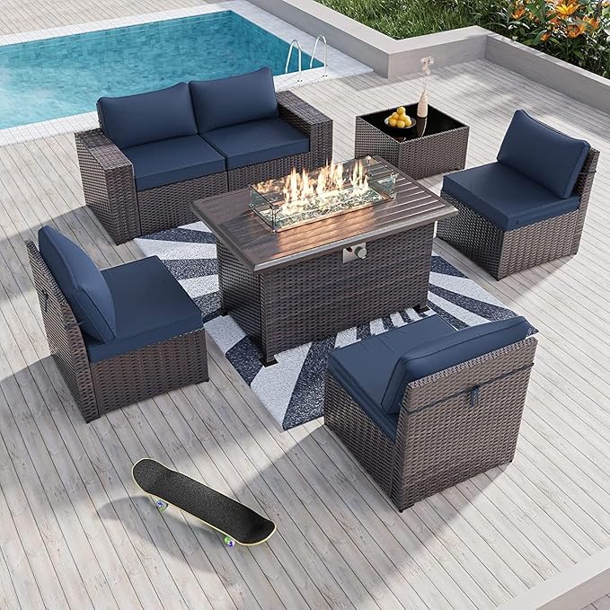 Kullavik 7 Pieces Outdoor Patio Furniture Set with 43" 55000BTU Gas Propane Fire Pit Table PE Wicker Rattan Sectional Sofa Patio Conversation Sets,Navy Blue - LeafyLoom