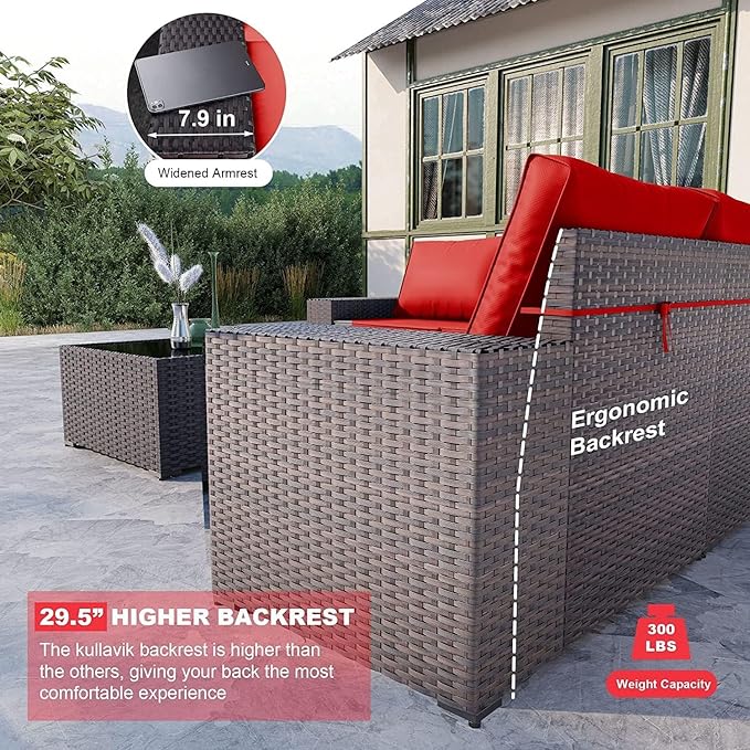 Kullavik 13PCS Outdoor Patio Furniture Set with 43" 55000BTU Gas Propane Fire Pit Table PE Wicker Rattan Sectional Sofa Patio Conversation Sets,Red - LeafyLoom