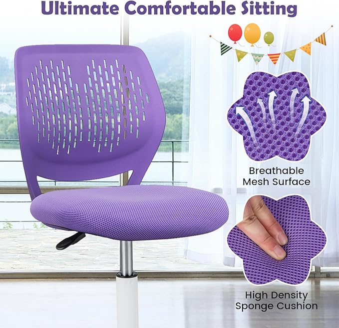 Kids Desk Chair, Purple Ergonomic Kids Office Chair Ages8-12 w/Lumbar Support, Low-Back Teen Desk Chair for Girls Boys, Small Cute Kids Computer Chair for Bedroom/Study/Vanity Desk - LeafyLoom