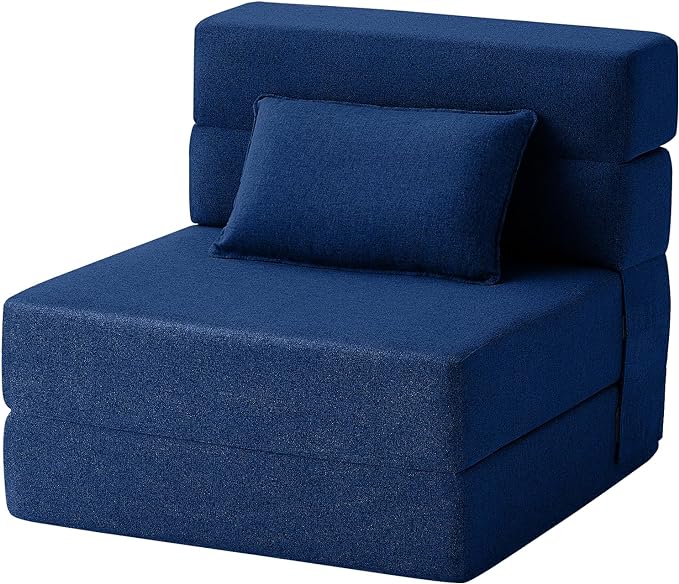 Convertible Folding Sofa Bed - Sleeper Chair with Pillow, Modern Linen Fabric Floor & Futon Couch, Foldable Mattress for Living Room/Dorm/Guest Use/Home Office/Apartment, Single Size, Navy Blue - LeafyLoom