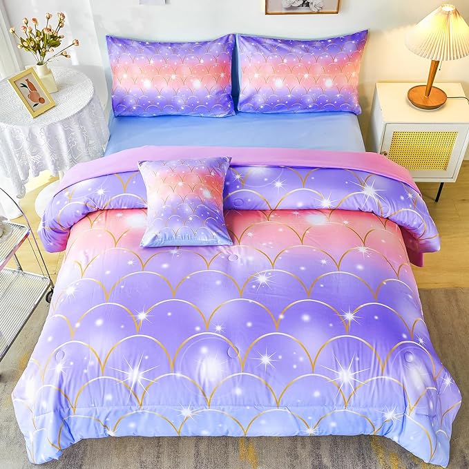 PERFEMET Purple Mermaid Twin Comforter Set for Girls, 6 Pieces Colorful Rainbow Twin Bedding Sets, Tie Dye Ombre Glitter Bed in A Bag Comforter Set with Sheets - LeafyLoom