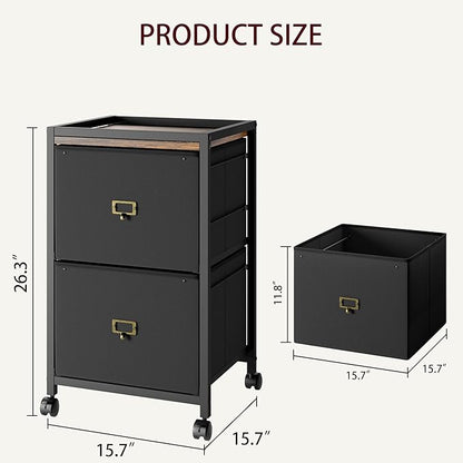 File Cabinet with 2 Drawers, Mobile Filing Cabinet Fits Letter Size or A4, Fabric Vertical File Cabinet on Wheels, File Cabinet for Home Office, Small Under Desk Storage Cabinet, Black - LeafyLoom