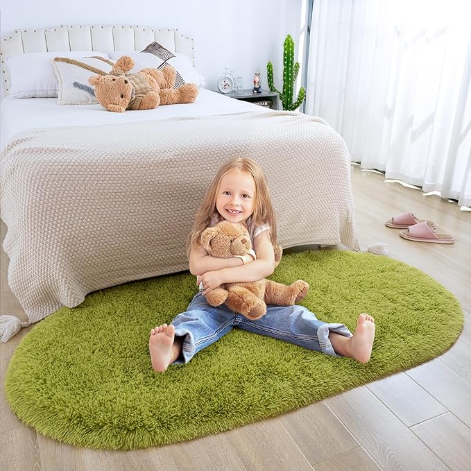 Merelax Soft Shaggy Rug for Kids Bedroom, Oval 2.6'x5.3' Green Plush Fluffy Carpets for Living Room, Furry Carpet for Teen Girls Room, Anti-skid Fuzzy Comfy Rug for Nursery Decor Cute Baby Play Mat - LeafyLoom