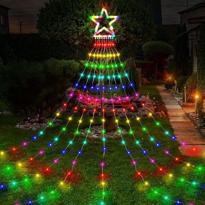 PUHONG Christmas Decoration Star Flowing Multicolor Color Changing Lights Outdoor, 320 LED 16.4Ft Star Waterfall Tree Lights with 8 Lighting Modes Remote Timer, for Xmas New Year Holiday Birthday PUHONG