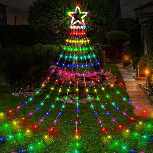 PUHONG Christmas Decoration Star Flowing Multicolor Color Changing Lights Outdoor, 320 LED 16.4Ft Star Waterfall Tree Lights with 8 Lighting Modes Remote Timer, for Xmas New Year Holiday Birthday PUHONG