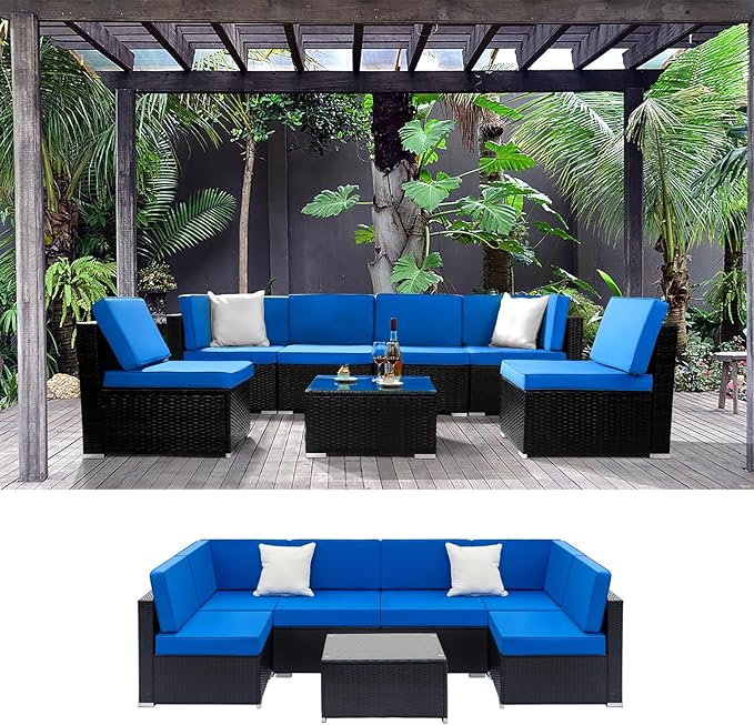 Outvita OutdoorRattan Conversation Set, 7 Pieces PE Rattan Sofa Wicker Patio Furniture Sets with Waterproof Soft Cushion for Backyard Porch Garden Poolside (Black & Blue) - LeafyLoom