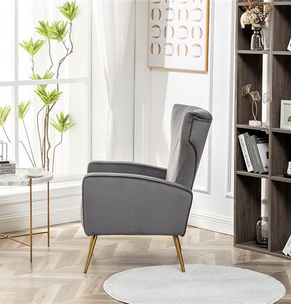 Armchair Modern Velvet Accent Chair, Channel Tufted Bedroom, Office or Living Room Furniture with Elegant Metal Legs, Grey - LeafyLoom