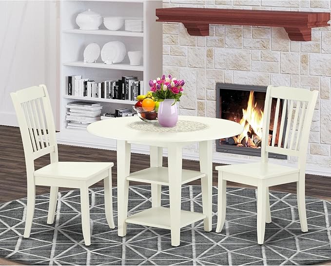 East West Furniture SUDA3-LWH-W 3 Piece Dining Room Table Set Contains a Round Dining Table with Dropleaf & Shelves and 2 Wood Seat Chairs, 42x42 Inch, Linen White - LeafyLoom