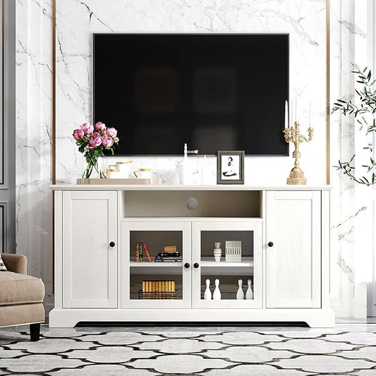 60 Inch TV Stand, Television Stands with 2 Tempered Glass Doors, Adjustable Panels and Open Style Cabinet, Entertainment Center for Living Room and Bedroom, White - LeafyLoom