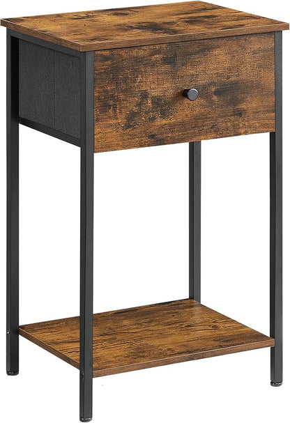 VASAGLE Nightstand, Side Table with Fabric Drawer, 24-Inch Tall End Table with Storage Shelf, Bedroom, Rustic Brown and Black ULGS021B01 - LeafyLoom