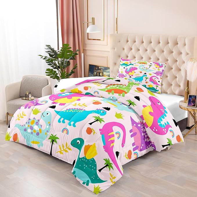 Dinosaur Twin Bedding Set, Cartoon Dinosaur Comforter Set Twin Girl Bedding Set for Girls Room Soft Breathable Dino Quilt Kids Bedding Set for All Season, 1 Comforter 1 Pillowcase - LeafyLoom