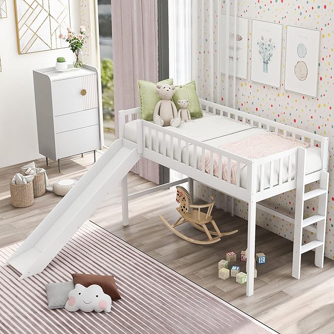 Merax Twin Size Junior Wood Loft Bed with Slide Loft Bunk Bed for Girls Boys,No Box Spring Needed,White - LeafyLoom