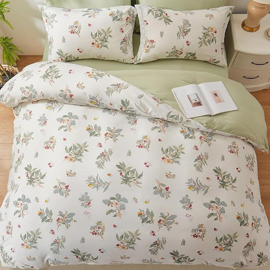 EMME Queen Comforter Set - Sage Green Floral Bedding Set 7 PCS with Flowers Leaves Pattern, Soft Plant Printed Botanical Bed Set with Sheets, Fluffy Bed Bag for All Season(90"X90") - LeafyLoom