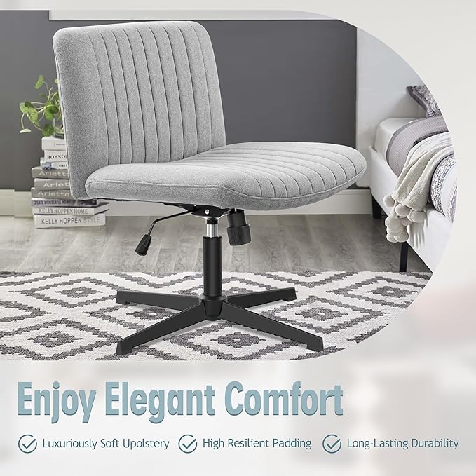 Armless Office Chair no Wheels, Ergonomic Wide Seat Swivel Desk Chair, Height Adjustable Cross Legged Comfortable Computer Chair for Living Room, Vanity Accent Chair LightGray - LeafyLoom