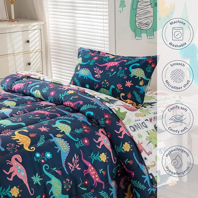 Dinosaur Twin Comforter Set for Boys Girls 4-Piece Dino Kids Bedding Sets Ultra Soft Cartoon Bedroom Set - Include Reversible Comforter, Flat Sheet, Fitted Sheet and Pillowcase, Blue - LeafyLoom