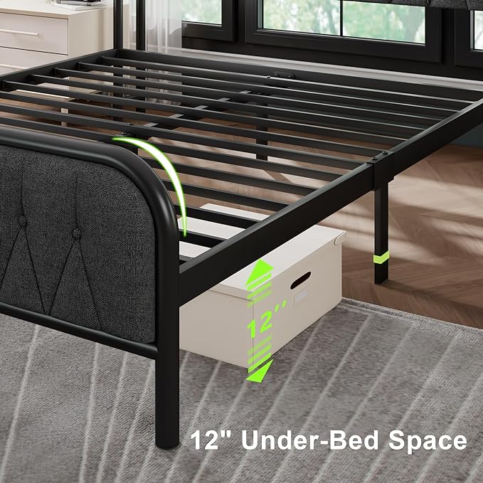 Feonase Full Bed Frame with Type-C & USB Port, Metal Platform Beds, with Linen Upholstered Headboard & Footboard, 12" Underbed Storage Space, Easy Assembly, Noise-Free, Dark Gray - LeafyLoom