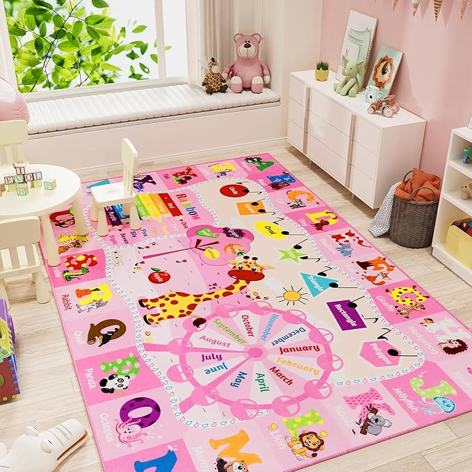 Pink Playroom Rug 4x6,Rugs for Girls Kids Bedroom Nursery Rug,ABC Rug with Alphabets Animals Shapes,Educational and Fun Child Playmat Baby Care Rug,Learning Rug Carpets for Children Toddler - LeafyLoom