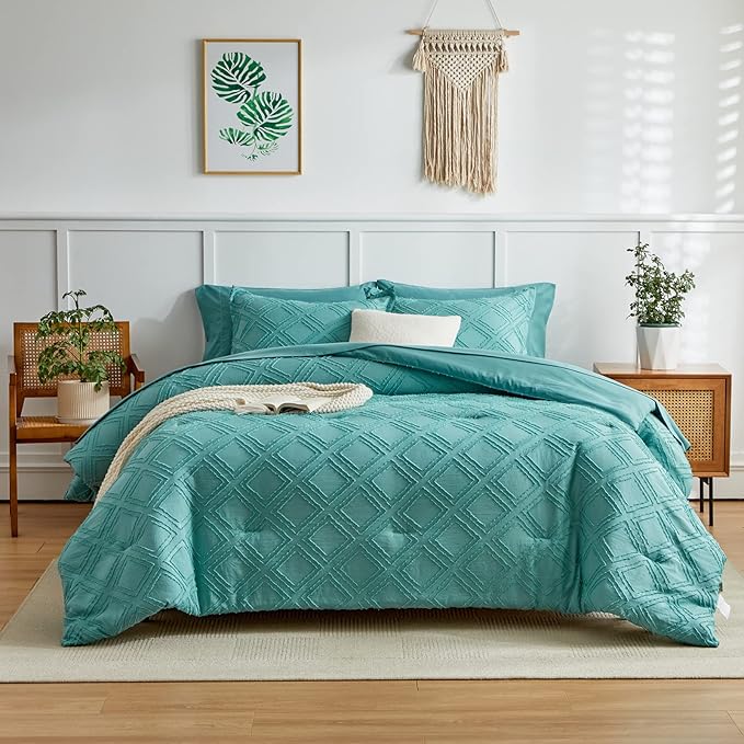 7 Pieces Tufted Bed in a Bag King Comforter Set with Sheets Green, Soft and Embroidery Shabby Chic Boho Bohemian, Luxury Solid Color with Diamond Pattern, Jacquard Tufts Bedding Set for All Season - LeafyLoom