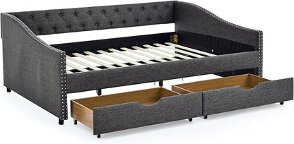 RITSU Full Size Mid-Century Daybed, 2 Storage Drawers,Linen Button Upholstered Tufted Sofa Bed, Copper Nail on Waved Shape Arms, No Box Spring Needed,for Bedroom, Livingroom, 80.50, Dark Grey-2 - LeafyLoom