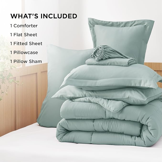 Bedsure Sage Green Twin Comforter Set - 5 Pieces Solid Twin Bed in a Bag, Twin Bed Set Sage Green with Quilted Warm Fluffy Comforters, Sheets, Pillowcase & Sham - LeafyLoom