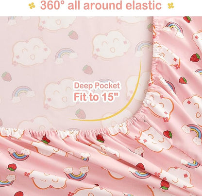 Mooreeke Bed in a Bag for Kids Girls Teens, 7 Pieces Full Size Comforter Bed Set with Shams, Sheet Set, Rainbow Cloud Strawberry Pink Super Soft Microfiber Kids Comforter Bedding Set - LeafyLoom