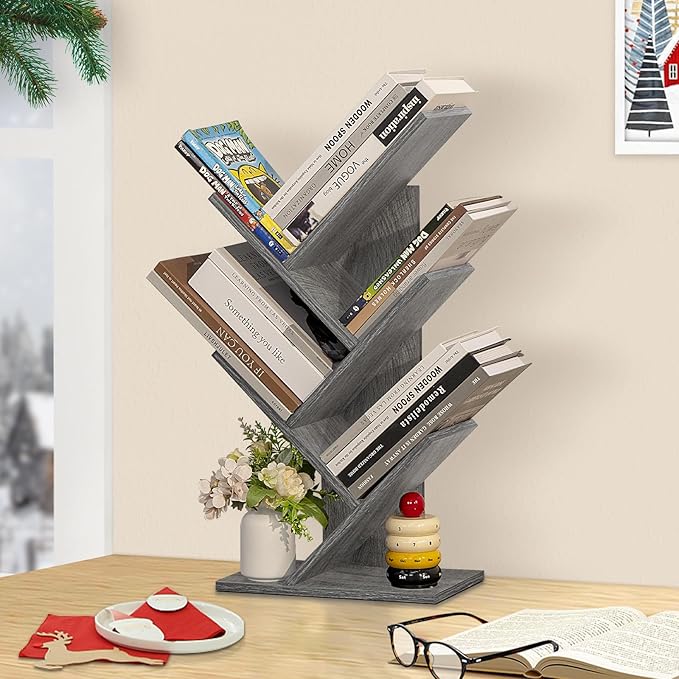 5 Tier Tree Book Shelf, Small Desktop Bookshelf with Storage Organizer, Wood Bookcase, Desk Display Bookshelves, Floor Standing Organizer Bookcases for Living Room,Bedroom,Office - Light Grey - LeafyLoom