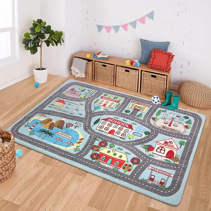 LIVEBOX Soft Kids Rug 4'x6' Carpet Play Mat for Baby Boys Girls, City Life Road Traffic Playroom Rug for Playing Cars Toys, Educational Nursery Rug for Children Bedroom Kids Room - LeafyLoom