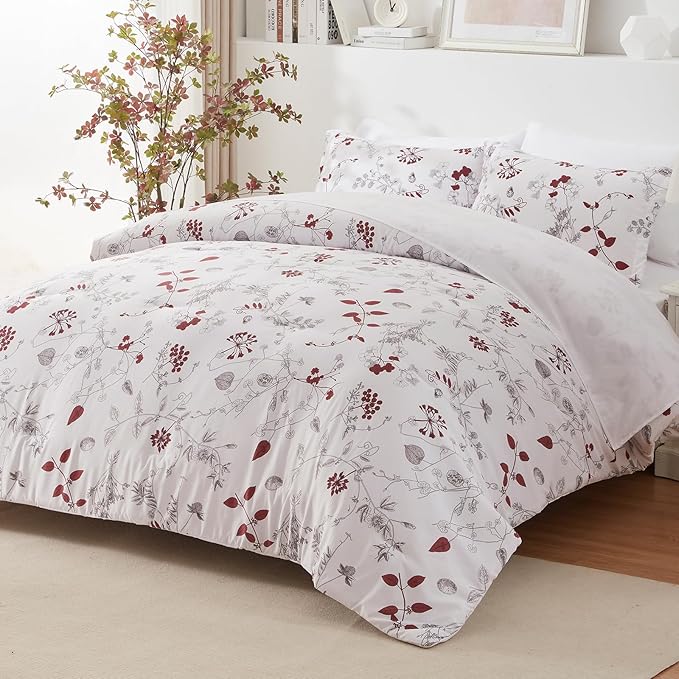 EMME Queen Comforter Set - Red Floral Bedding Set 7 PCS with Flowers Leaves Pattern, Soft Plant Printed Botanical Bed Set with Sheets, Fluffy Bed Bag for All Season(90"X90") - LeafyLoom