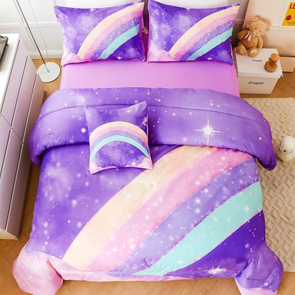 Purple Rainbow Girls Full Size Comforter Set, 6 Pieces Gradient Glitter Kids Bedding Sets, Galaxy Kids Bedroom Decor Bed in A Bag with Sheets for Girls Teens - LeafyLoom