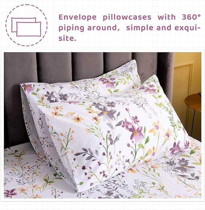 QSH 100% Cotton Sheets for Split King Size Bed - Floral Plant Pattern Botanical Luxury Cotton Printed Floral Bedding King Size Sheet with Deep Pockets 17" Soft and Breathable 5pcs - LeafyLoom