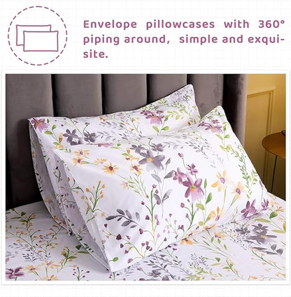 QSH 100% Cotton Sheets for Split King Size Bed - Floral Plant Pattern Botanical Luxury Cotton Printed Floral Bedding King Size Sheet with Deep Pockets 17" Soft and Breathable 5pcs - LeafyLoom