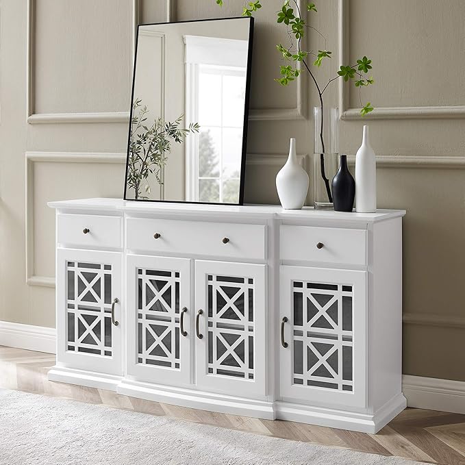 Walker Edison Ronne 4 Door-Sideboard with Fretwork Detail, 60 Inch, White - LeafyLoom