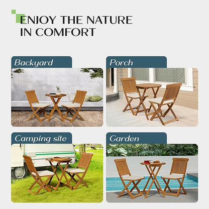 Round Table Heavy Duty 400lbs Capacity Patio Bistro Set 3 Piece Outdoor, Folding Chairs w/Cushion - LeafyLoom