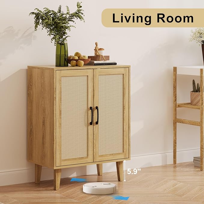 Rattan Decorated Buffet Cabinet - 2 Doors Simple Style Storage Cabinet, Shoe Cabinet with Adjustable Shelves, Sideboard for Kitchen, Living Room, Hallway, Entryway (Natural Wood) - LeafyLoom