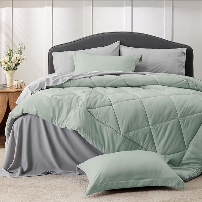 Bedsure Sage Green California King Comforter Set - 7 Pieces Reversible Bed Set Bed in a Bag California King with Comforters, Sheets, Pillowcases & Shams, California King Bedding Sets - LeafyLoom