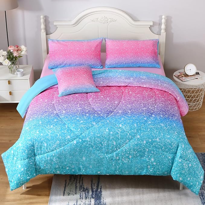 JQinHome Glitter Comforter Set Queen Size, 6 Piece Bed in A Bag 3D Colorful Duvet Pink Blue Bedding Set for Girls Women (1 Comforter,2 Pillowcases,1 Flat Sheet,1 Fitted Sheet,1 Cushion Cover) - LeafyLoom