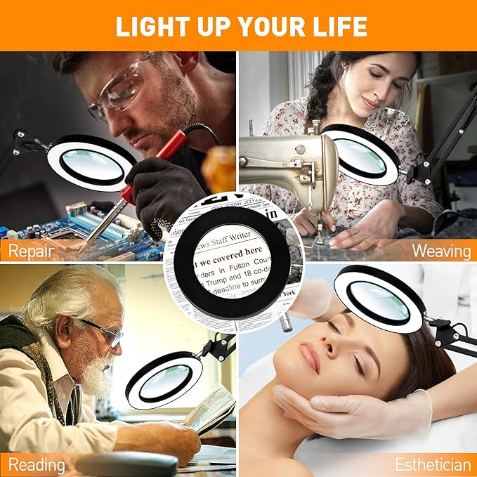 Magnifying Glass with Light and Stand, 10X Real Glass LED Magnifying Lamp, 3 Color Modes 10 Level Dimmable Lighted Magnifying Glass, 2-in-1 Magnifier Desk Lamp & Clamp for Reading Crafts Repair - LeafyLoom