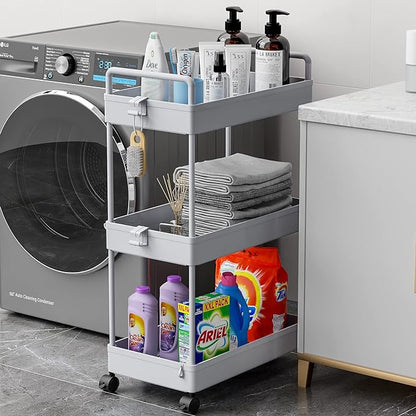 Ronlap 3 Tier Classic Storage Rolling Cart, Slim Storage Cart with Wheels Slide Out Storage Rolling Cart Organizer Plastic Utility Carts for Bathroom Laundry Room Kitchen Office Narrow Place, Grey - LeafyLoom