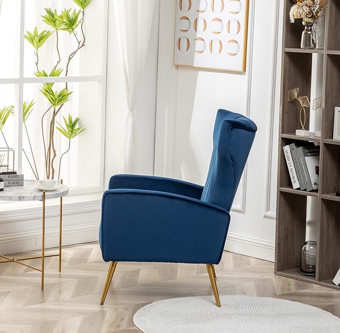 Armchair Modern Velvet Accent Chair, Channel Tufted Bedroom, Office or Living Room Furniture with Elegant Metal Legs, Blue - LeafyLoom