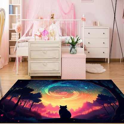 Moon Black Cat Rug - Mystical Stary Night Cat Rug for Kids Bedroom Colorful Black Cat Rug Decor Room Cat Door Mats Outdoor Entrance, 2x3 Feet - LeafyLoom